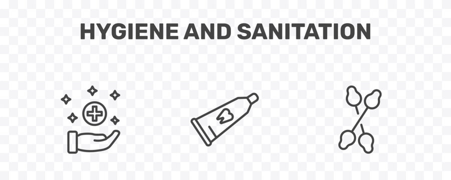 hygiene and sanitation icon set with sanitary, tooth paste, cotton swabs signs in flat outline style
