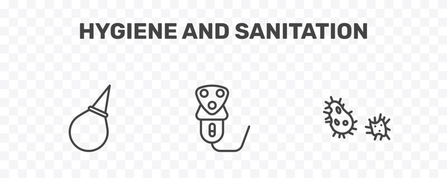 hygiene and sanitation icon set with l aspirator, electric razor, parasite signs in flat outline style
