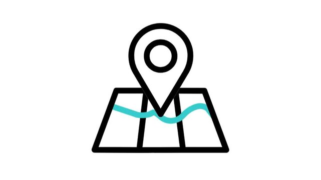 Animated folded map with pin marker icon loop motion graphic, location route and navigation travel symbol, isolated on white background