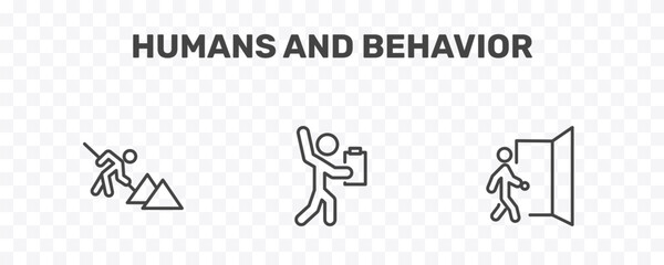 Fototapeta premium humans and behavior icon set with construction worker, worker with notepad, come in signs in flat outline style