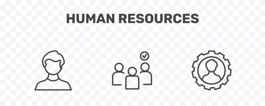 human resources icon set with man, selection, skills signs in flat outline style