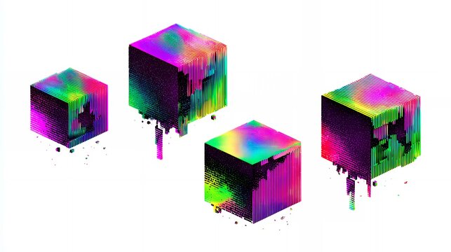 Isometric 3D glowing neon cubes with melting digital glitch effect and pixelated decay on clean white background