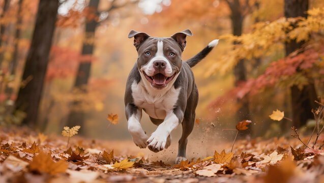 Active Pitsky dog running through autumn leaves in a forest park