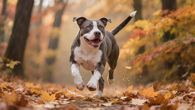 Active Pitsky dog running through autumn leaves in a forest park