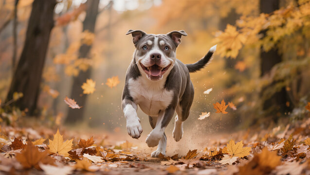 Active Pitsky dog running through autumn leaves in a forest park