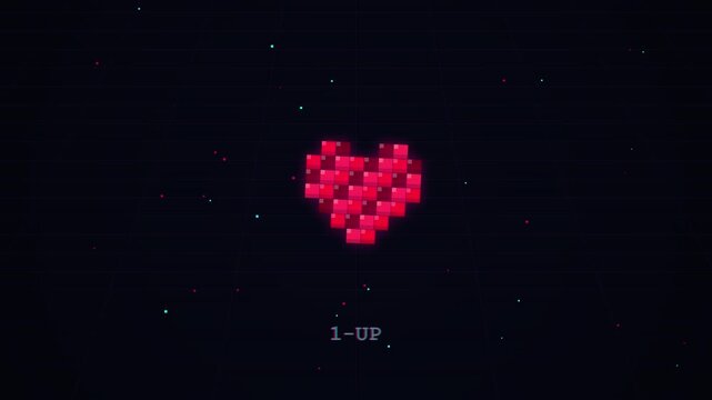 Pulsing 8-bit Pixel Art Heart Symbol with 1-Up Retro Gaming Text