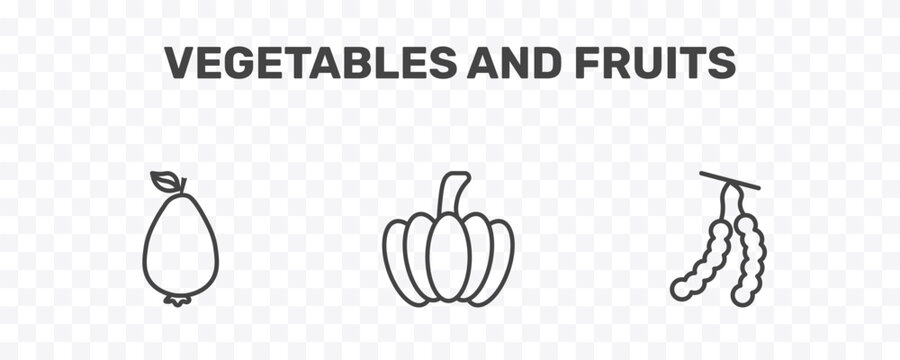 vegetables and fruits icon set with guava, pumpkin, tamarind signs in flat outline style