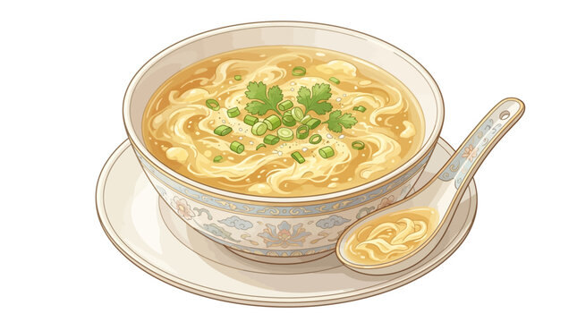 Delicious bowl of egg noodles in savory soup with herbs
