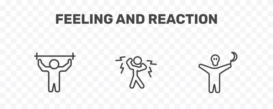 feeling and reaction icon set with pumped human, shocked human, horrible human signs in flat outline style
