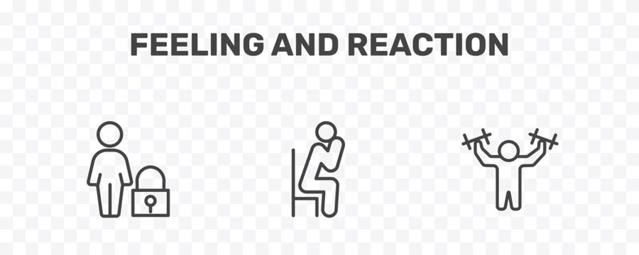 feeling and reaction icon set with safe human, alone human, strong human signs in flat outline style