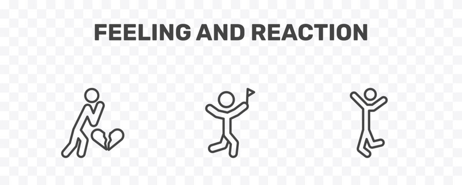 feeling and reaction icon set with heartbroken human, accomplished human, happy human signs in flat outline style