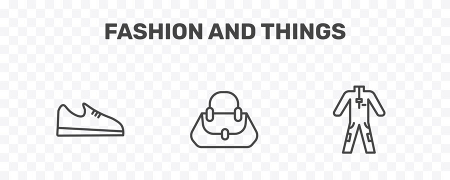 fashion and things icon set with shoe side view, woman bag, working coverall signs in flat outline style