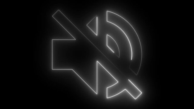 Neon mute glowing on black background, digital sound off symbol animation for ui and web volume speaker