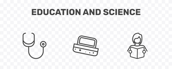 education and science icon set with cardiology tool, blackboard eraser, student and books signs in flat outline style © Abstract