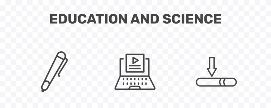 education and science icon set with ballpoint pen, video tutorials, window scrolling medium signs in flat outline style