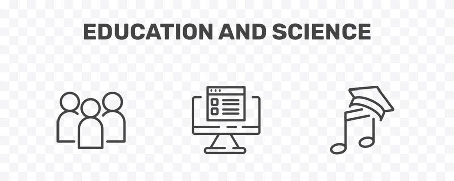 education and science icon set with group of people, online test, graduation's music signs in flat outline style