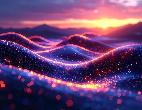 Vibrant digital landscape with glowing neon waves