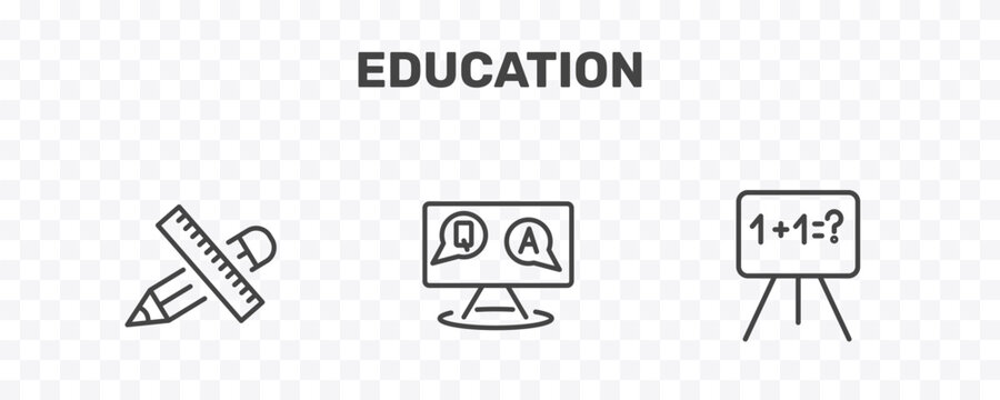 education icon set with school supplies, qa, math class signs in flat outline style