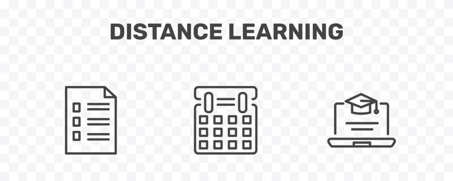 distance learning icon set with application form, monthly calendar, online course signs in flat outline style