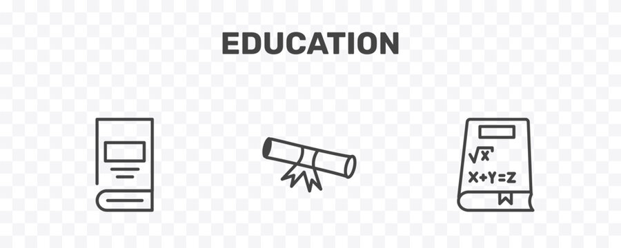 education icon set with hard cover book, rolled diploma, math book signs in flat outline style