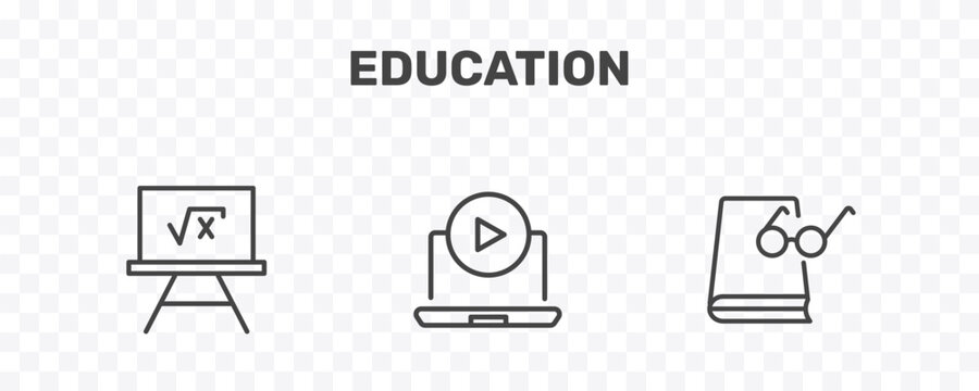 education icon set with square root in class, tutorial, book and glasses signs in flat outline style