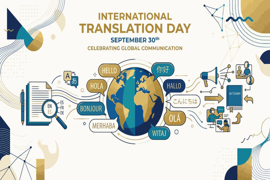 Globe with greetings in multiple languages celebrating translation and communication.
