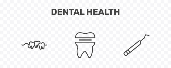 dental health icon set with malocclusion, molar crown, periodontal scaler signs in flat outline style © Abstract