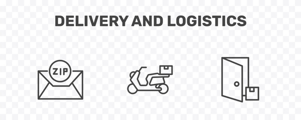 delivery and logistics icon set with zip code, scooter delivery, delivery to the door signs in flat outline style © Abstract