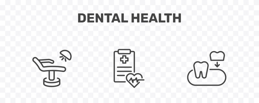 dental health icon set with dentist chair, health report, partial denture signs in flat outline style