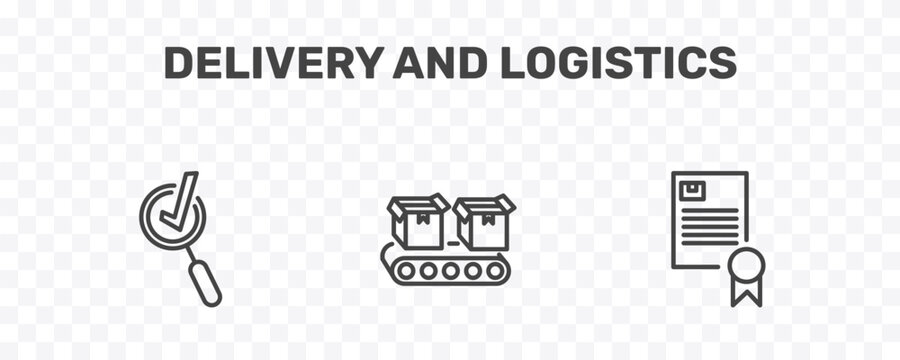 delivery and logistics icon set with inspection, conveyor, charter signs in flat outline style