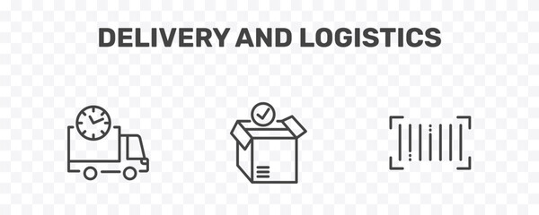 Fototapeta premium delivery and logistics icon set with delivery scheduled, package checking, barcode signs in flat outline style