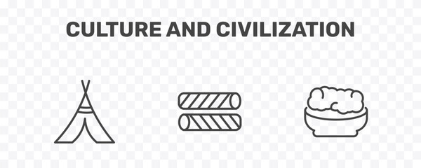 culture and civilization icon set with native american wigwam, egg roll, corn with pine signs in flat outline style © Abstract