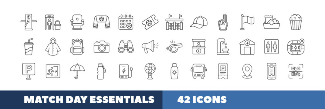 set of line icons Match Day Essentials depicting sports stadium essentials, fan gear, and event logistics for match days.