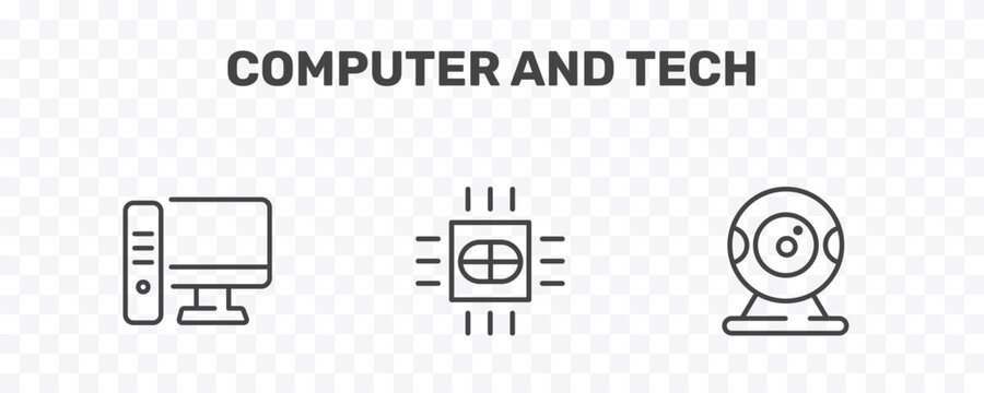 computer and tech icon set with workstation, computer micro chip, webcamera signs in flat outline style