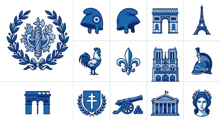 Collection of French Symbols and Landmarks in Blue and White. © Jefri