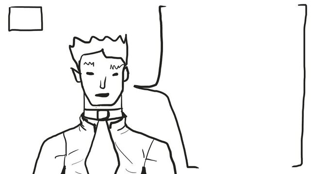 A man of strong build is saying something. There are frames nearby.