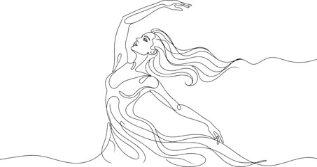 Woman dancing with graceful flowing hair continuous line art drawing with single line female ballerina performing elegant aesthetic motion. © EDEN QUEEN