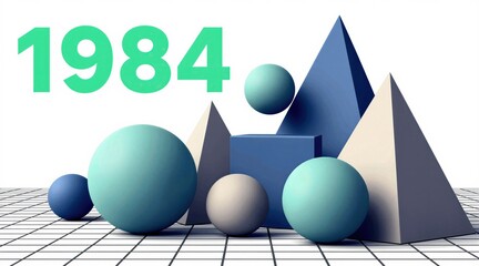 Naklejka premium Abstract 3D shapes like spheres and pyramids create a retro 1980s Memphis style design. Geometric figures and pastel colors form a dynamic composition on a grid background.