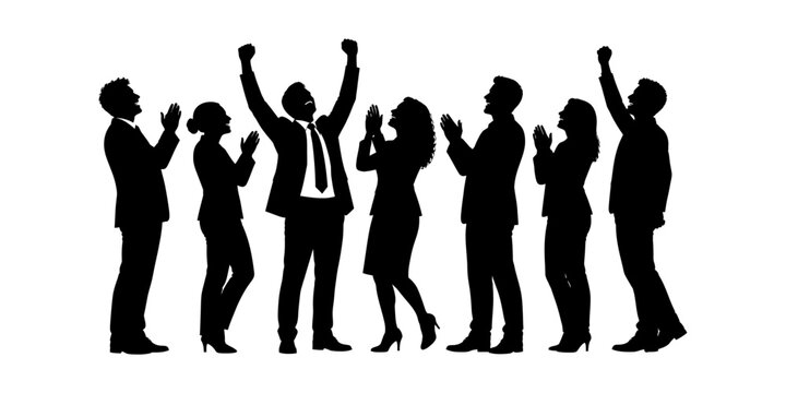 Silhouette of business people celebrating with fists up isolated on transparent background, Vector