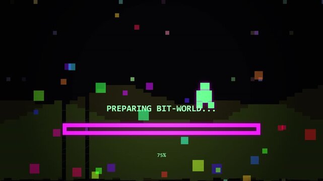 Retro pixel art game loading screen with a character and progress bar
