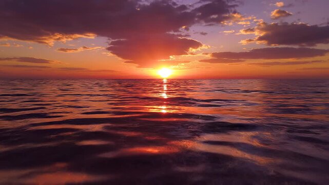 Tranquil ocean sunset over the rippling water reflecting the vibrant orange and purple sky with warm tones