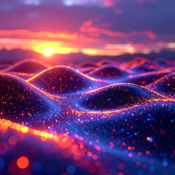 Vibrant, futuristic landscape with glowing waves