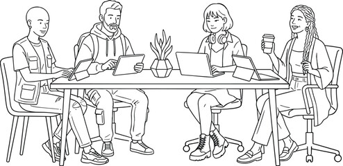 Fototapeta premium Young creative professionals sitting at wooden table using laptops and tablets in minimalist studio workspace.