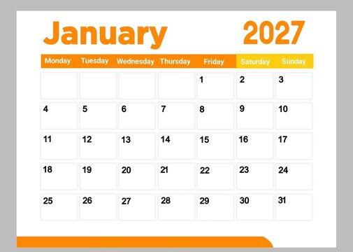 January 2027 monthly calendar page with orange and yellow design elements for scheduling and time management