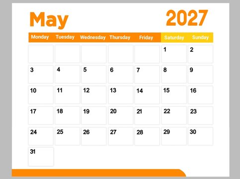 May 2027 monthly calendar page with orange design