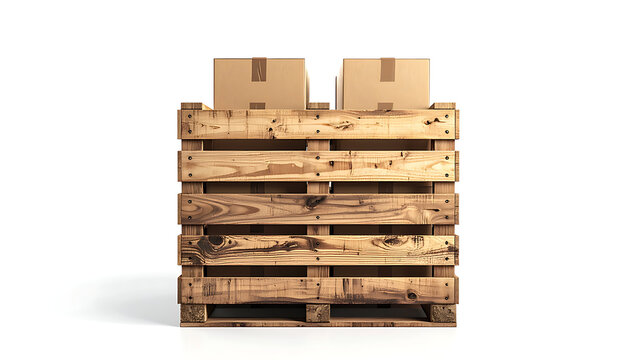 Wooden shipping pallet stacked with two cardboard boxes, representing logistics and cargo, isolated on white background