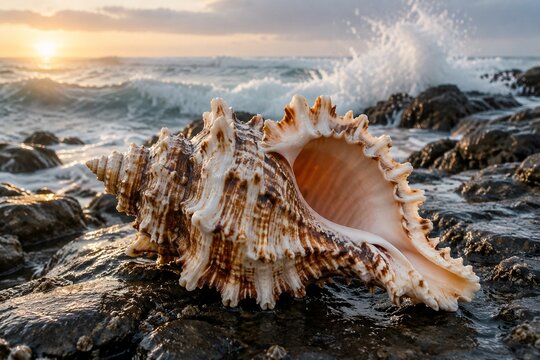 Large intricate seashell on a rocky shore with crashing waves.