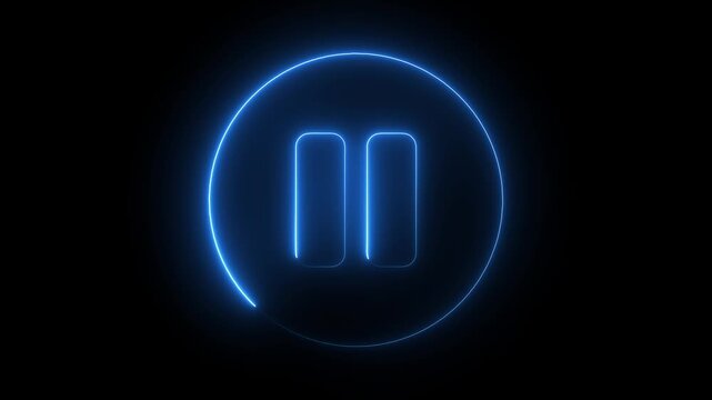 Neon blue glowing pause button with circular loading animation on black background