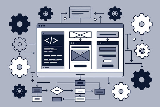 Complex website wireframe and software engineering flowchart graphic with multiple gears and process arrows on a gray backdrop.