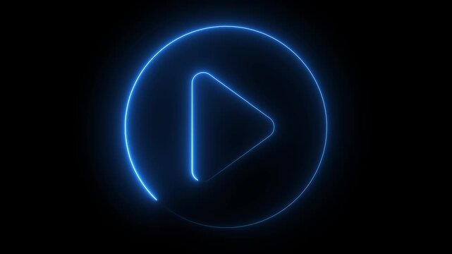 Neon blue play button glowing with circular loading animation on black background